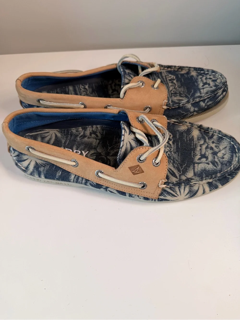 Sperry Navy Floral Canvas Boat Shoes with Tan Trim